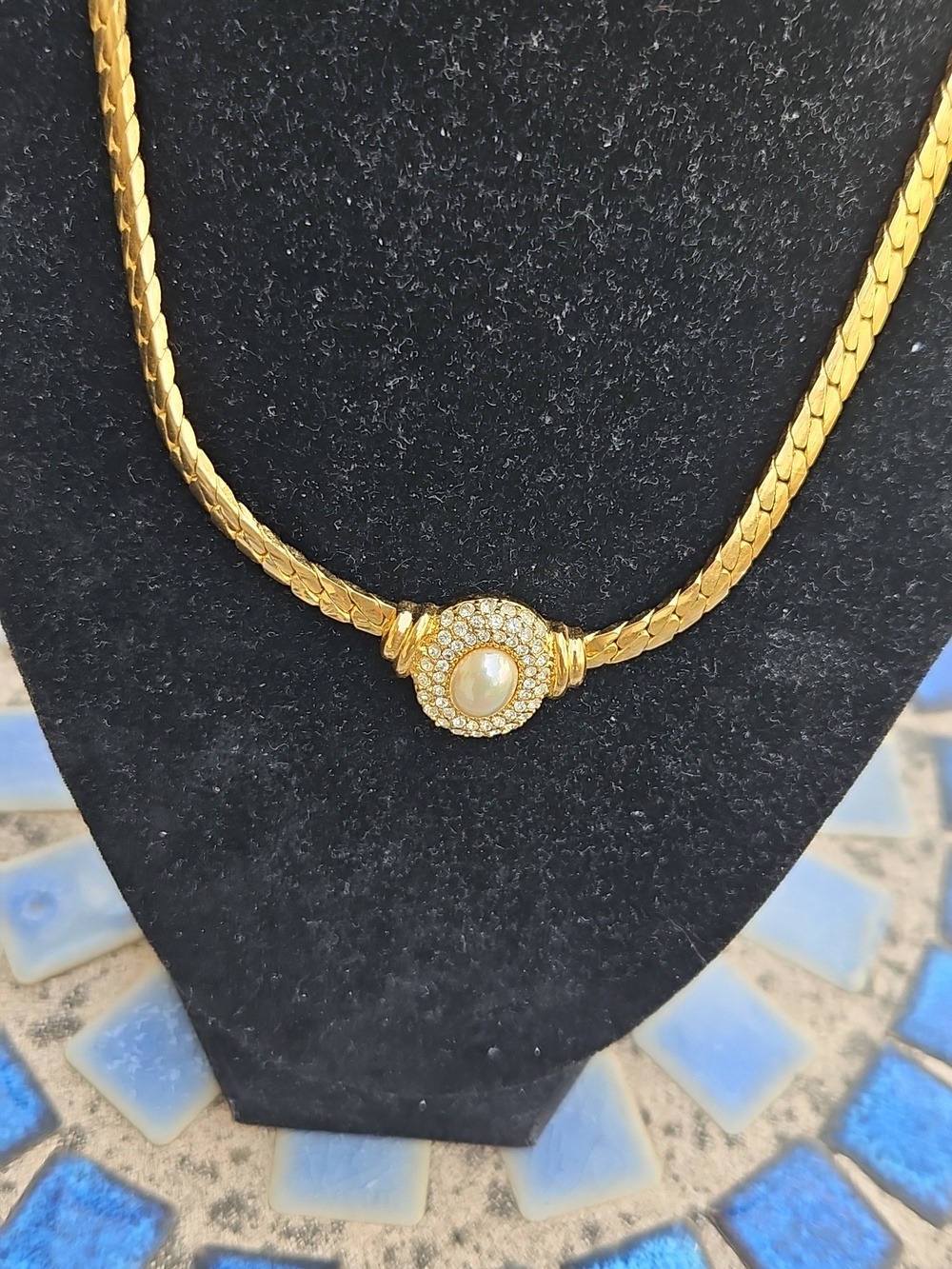 Christian Dior Goldtone Faux Pearl Rhinestone Pendant Necklace
